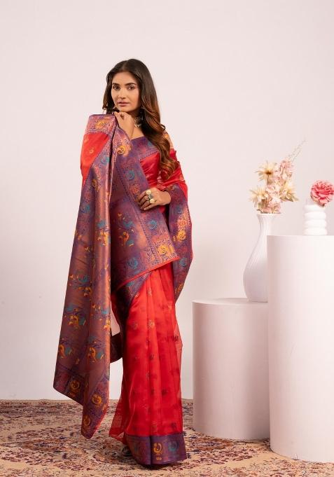 Red Handloom Silk Saree Set