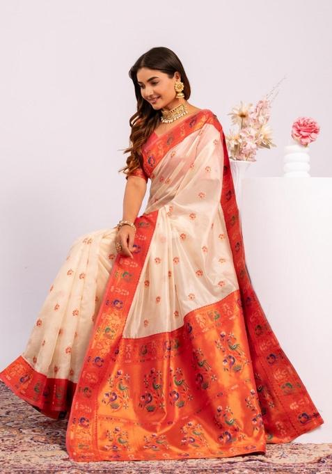 White Handloom Silk Saree Set