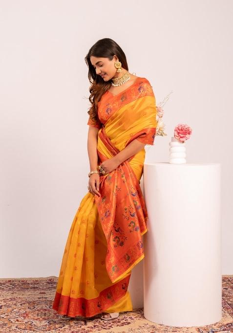 Yellow Handloom Silk Saree Set