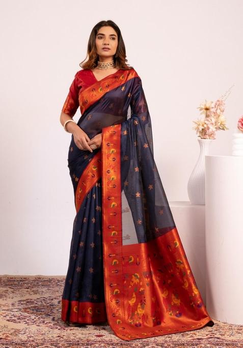 Blue Handloom Silk Saree Set