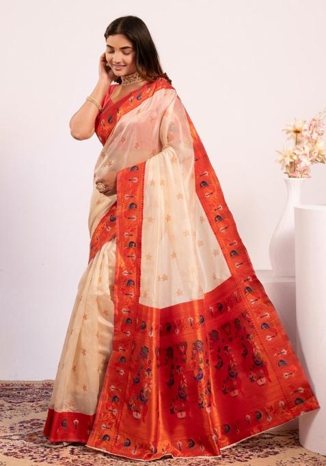 White Handloom Silk Saree Set