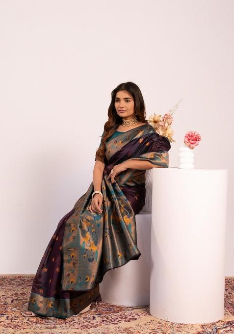 Wine Handloom Silk Saree Set