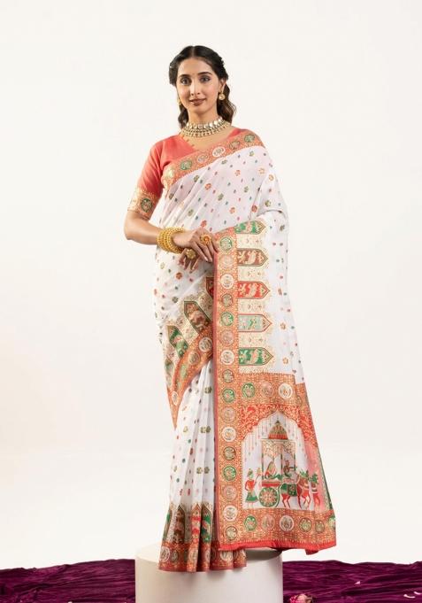 White Handloom Silk Saree Set