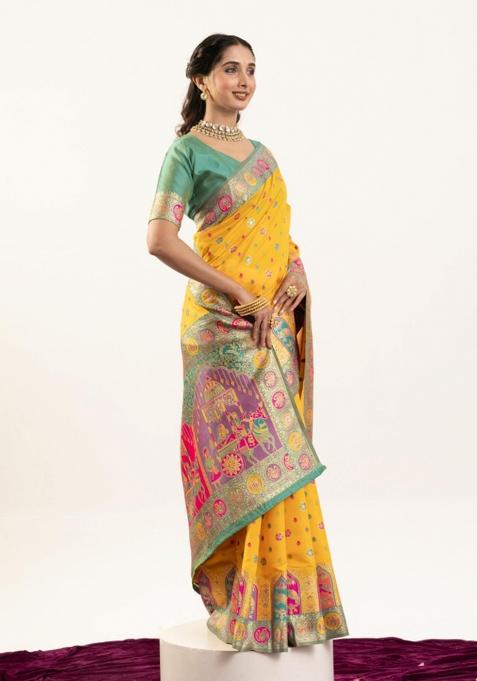 Yellow Handloom Silk Saree Set