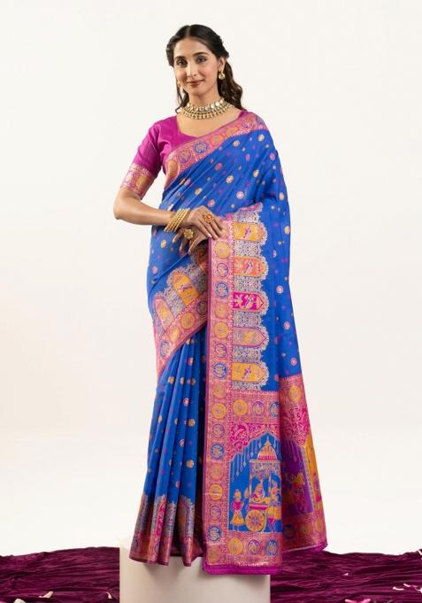 Blue Handloom Silk Saree Set