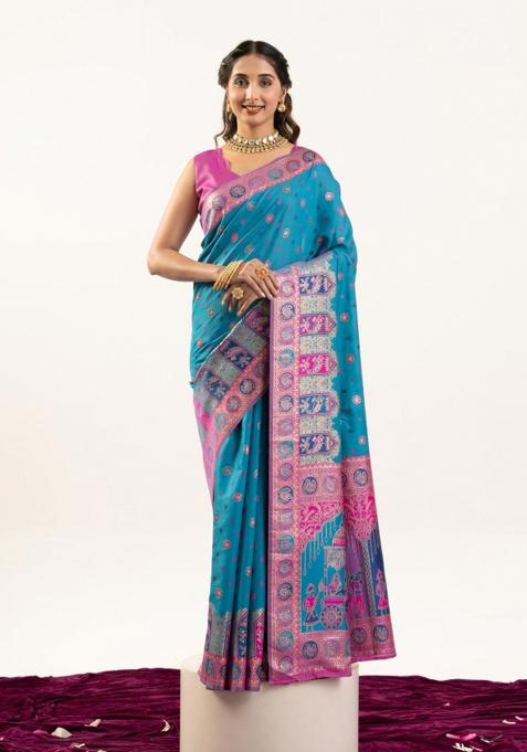 Blue Handloom Silk Saree Set