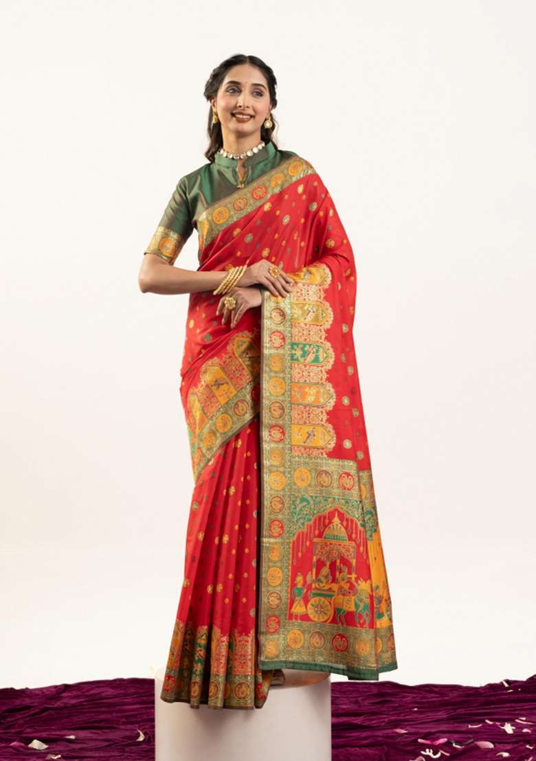 Green Handloom Silk Saree Set for Diwali and Festive Wear - Indya
