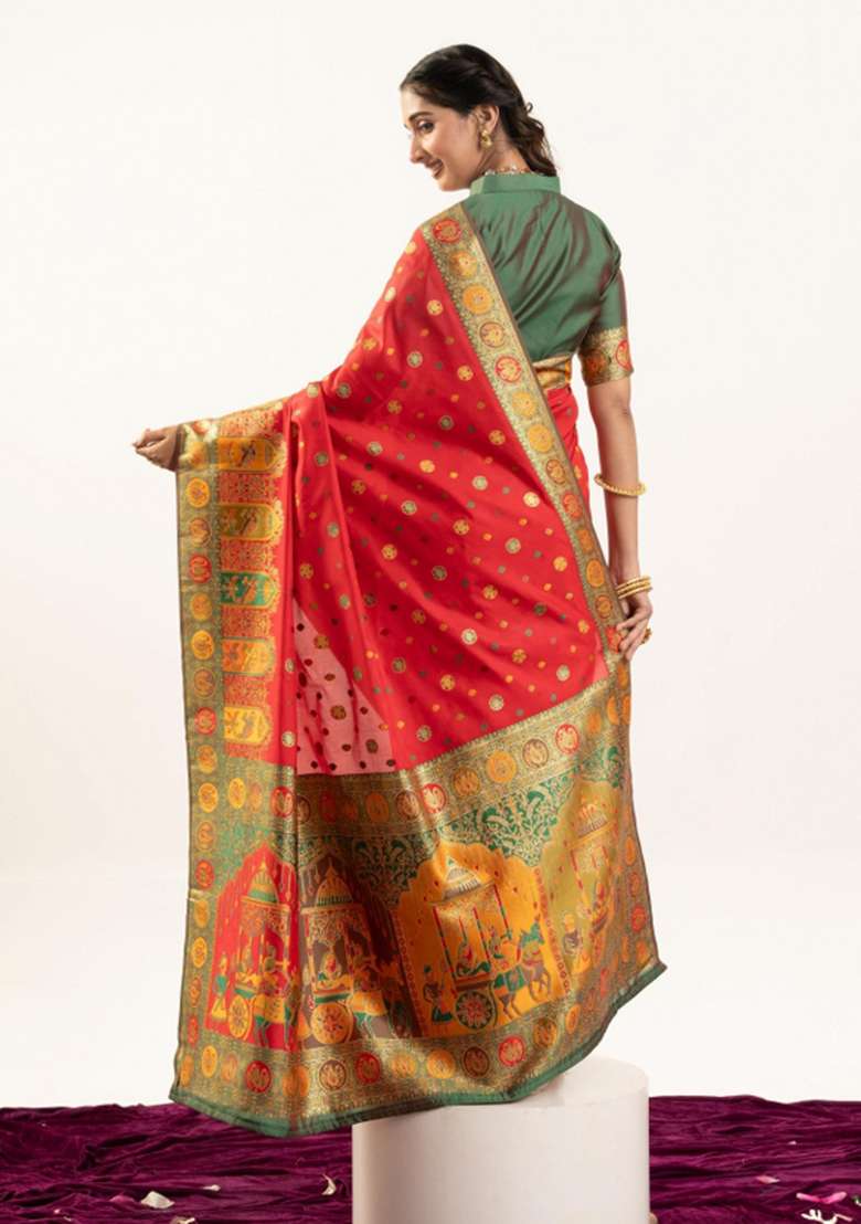 Green Handloom Silk Saree Set for Diwali and Festive Wear - Indya