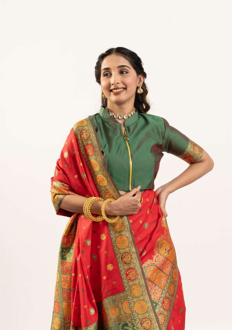 Green Handloom Silk Saree Set for Diwali and Festive Wear - Indya