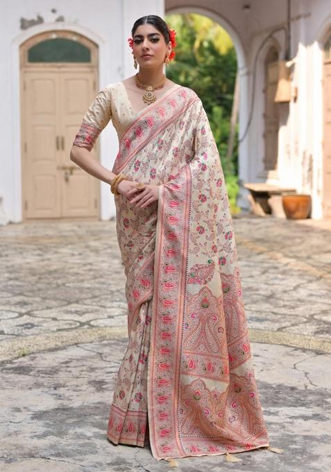 Cream Handloom Silk Saree Set