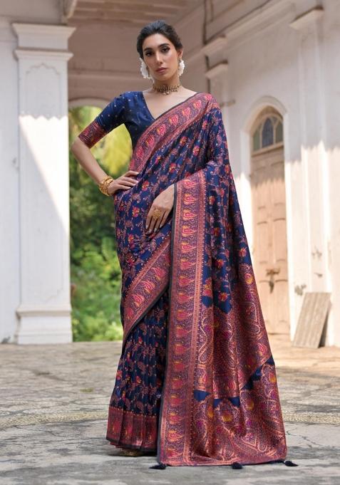 Navy Blue Handloom Silk Saree Set