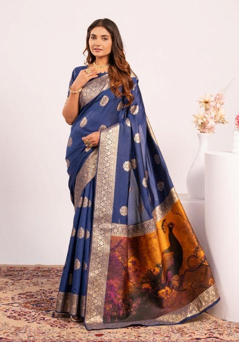 Navy Blue Handloom Silk Saree Set