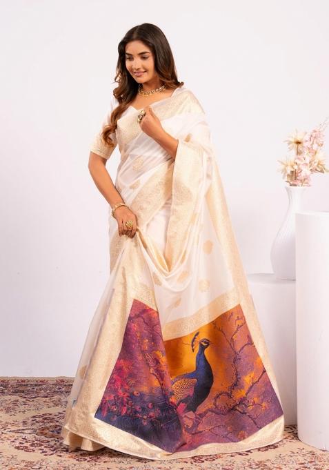 White Handloom Silk Saree Set