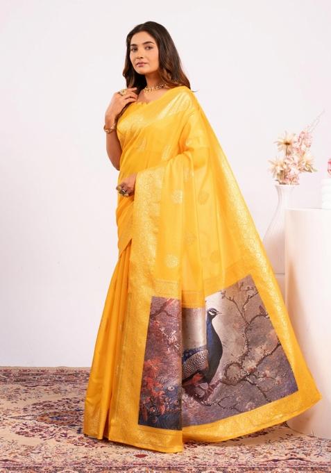 Yellow Handloom Silk Saree Set