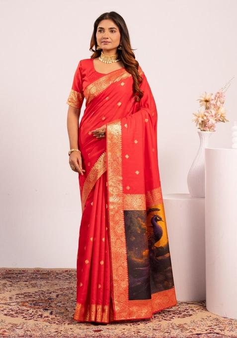 Red Handloom Silk Saree Set
