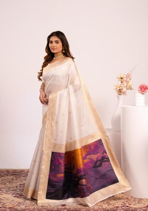 White Handloom Silk Saree Set