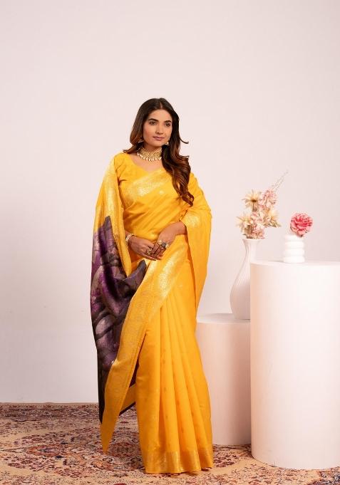 Yellow Handloom Silk Saree Set