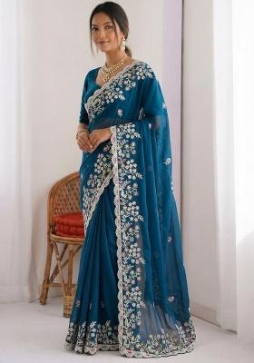 Teal Embroidered Silk Saree Set