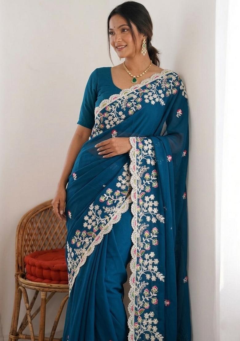 Teal Embroidered Silk Saree Set - Indya