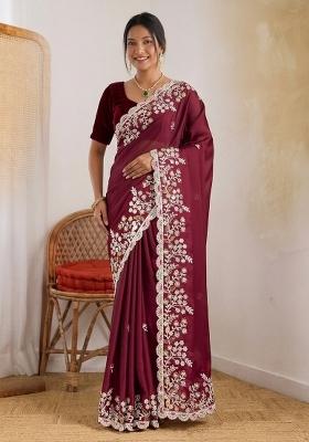 Wine Embroidered Silk Saree Set