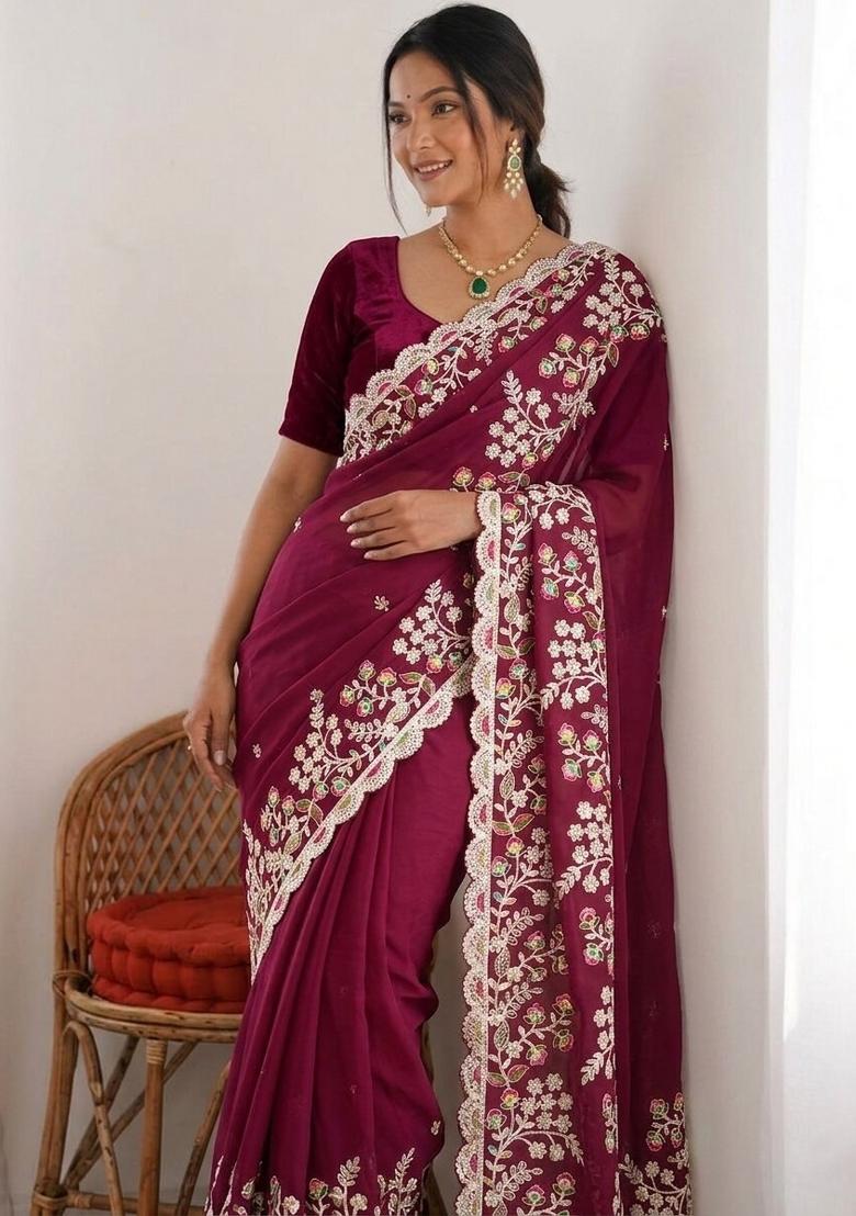 Wine Embroidered Silk Saree Set - Indya