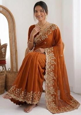 Rust Embroidered Silk Saree Set