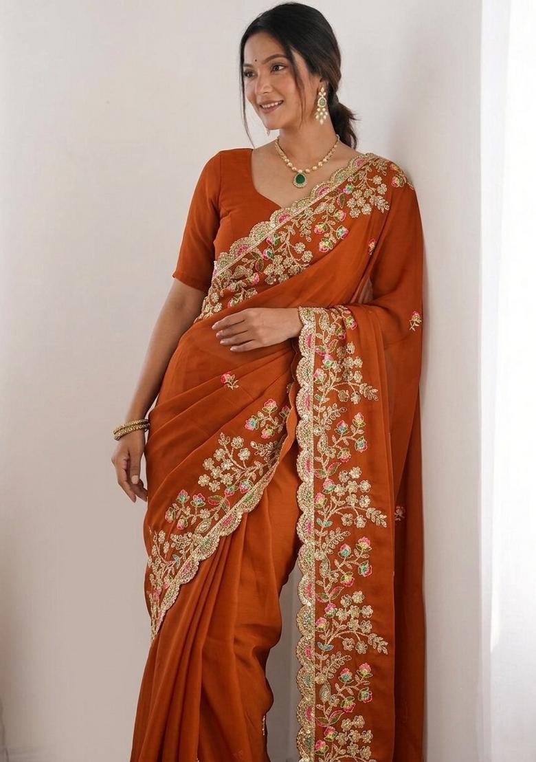 Rust Embroidered Silk Saree Set - Indya