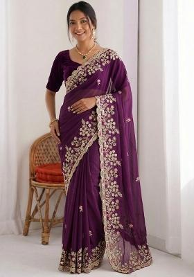 Purple Embroidered Silk Saree Set