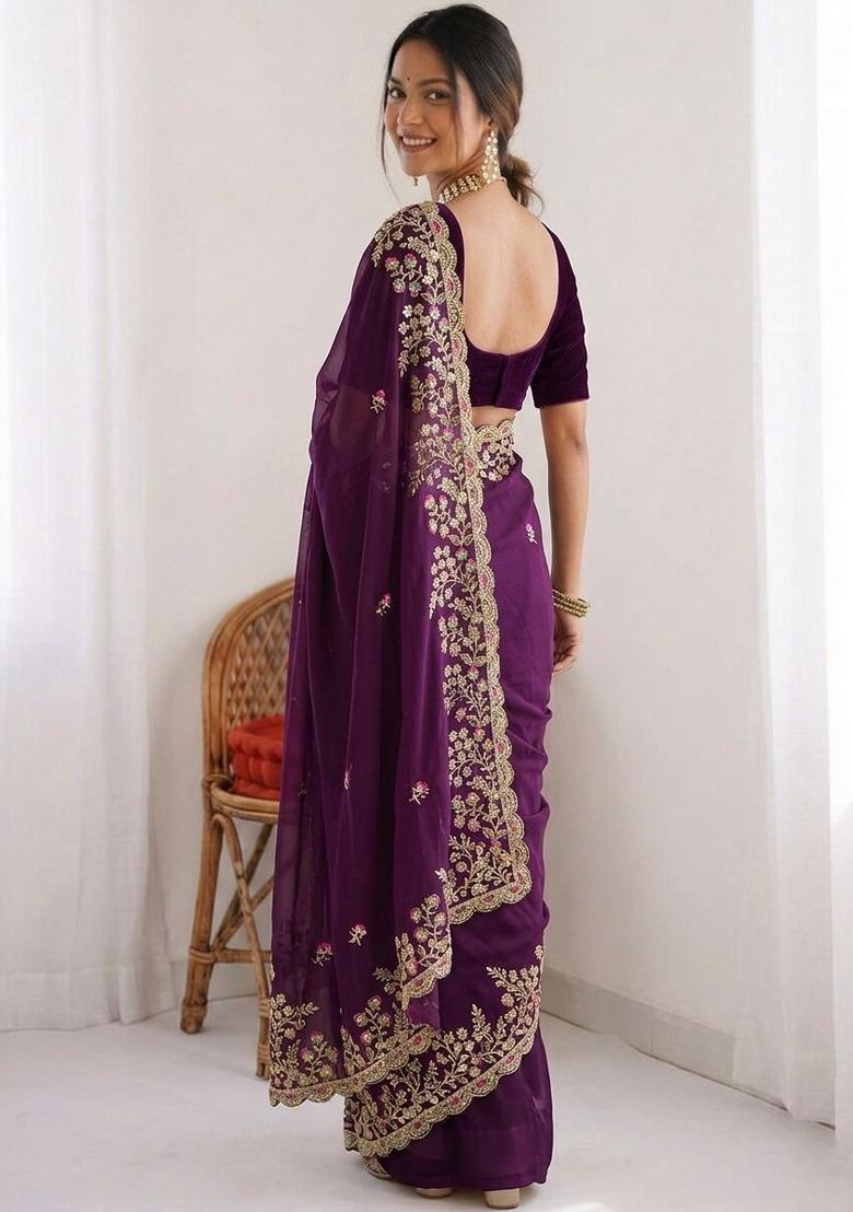 Purple Embroidered Silk Saree Set - Indya