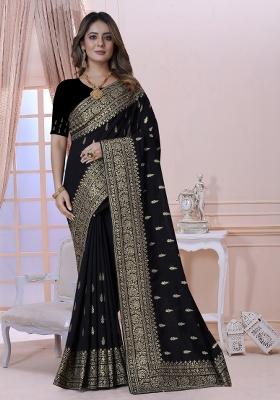 Black Embroidered Silk Saree Set
