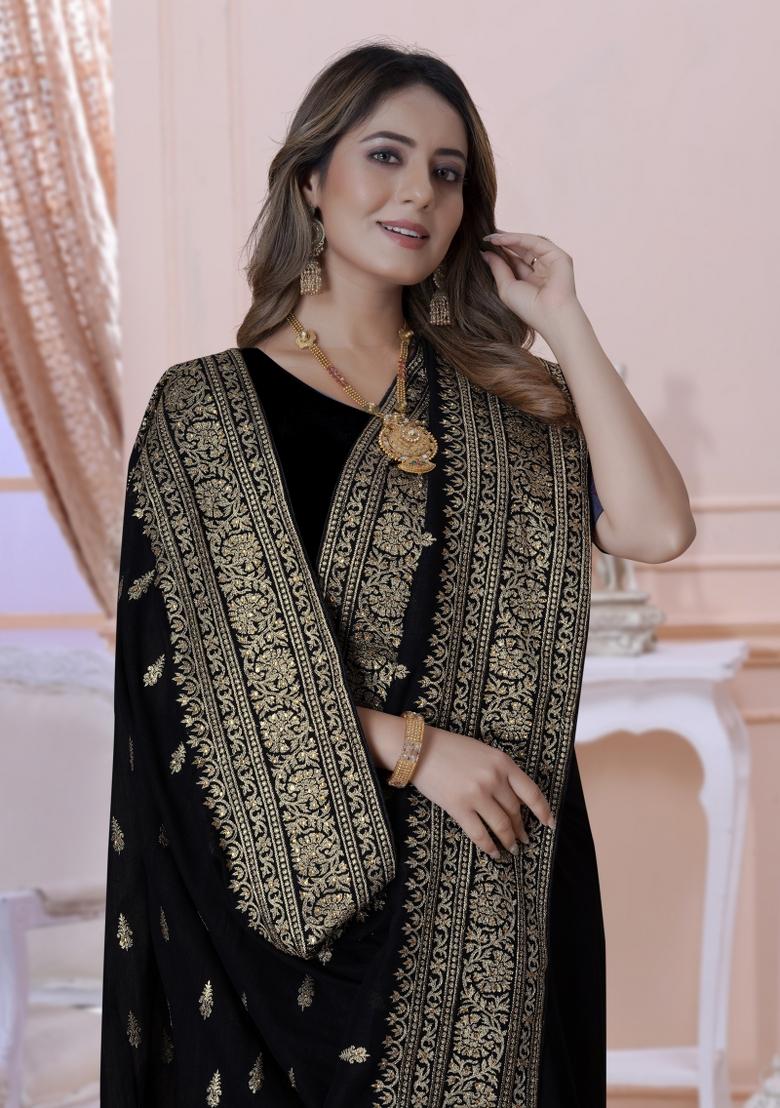 Black Embroidered Silk Saree Set - Indya