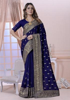 Navy Blue Embroidered Silk Saree Set