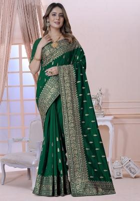 Bottal Green Embroidered Silk Saree Set