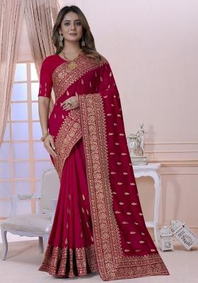 Rani Pink Embroidered Silk Saree Set