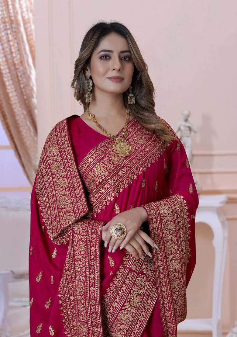Rani Pink Embroidered Silk Saree Set - Indya