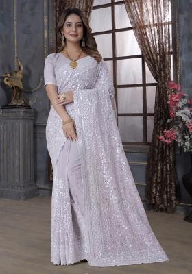 Lavender Embroidered Georgette Saree Set