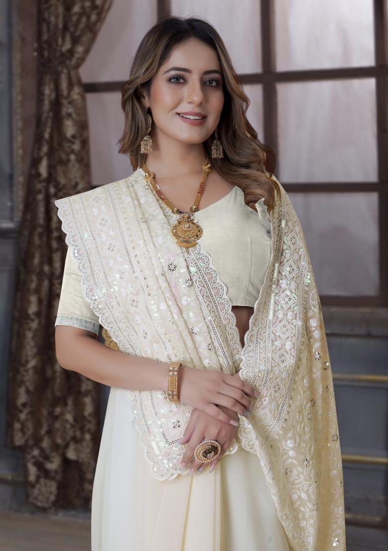 Lemon Yellow Embroidered Georgette Saree Set - Indya