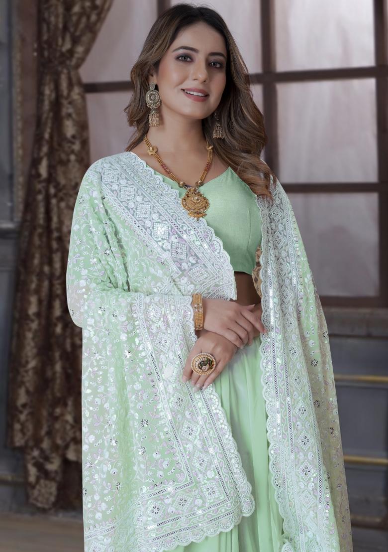 Pista Embroidered Georgette Saree Set - Indya