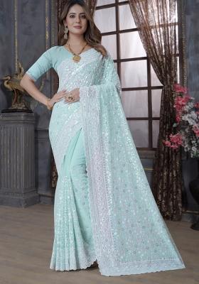 Sea Green Embroidered Georgette Saree Set