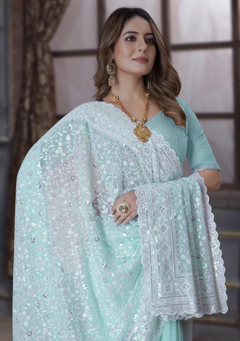 Sea Green Embroidered Georgette Saree Set - Indya