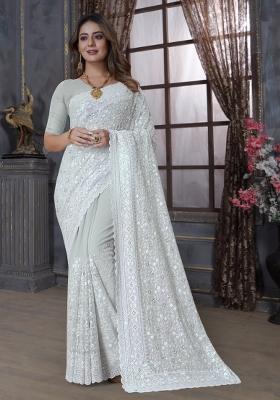 Dusty Pista Embroidered Georgette Saree Set