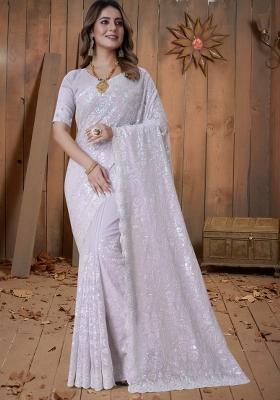 Lavender Embroidered Georgette Saree Set