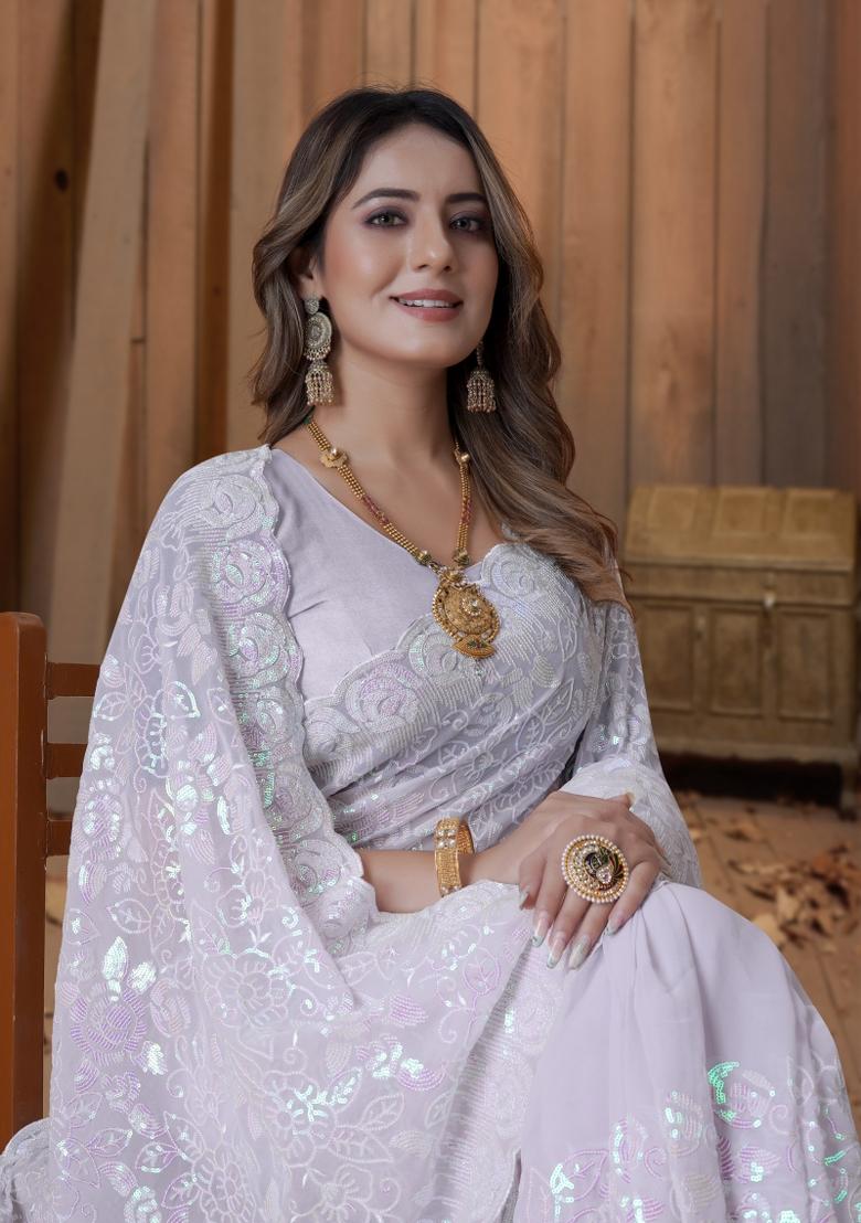 Lavender Embroidered Georgette Saree Set - Indya