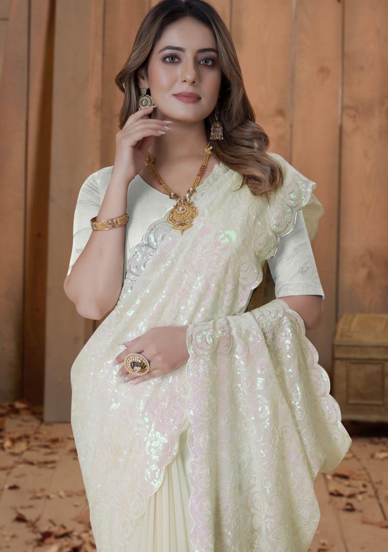 Lemon Yellow Embroidered Georgette Saree Set - Indya