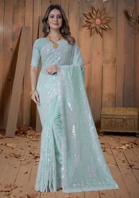 Sea Green Embroidered Georgette Saree Set