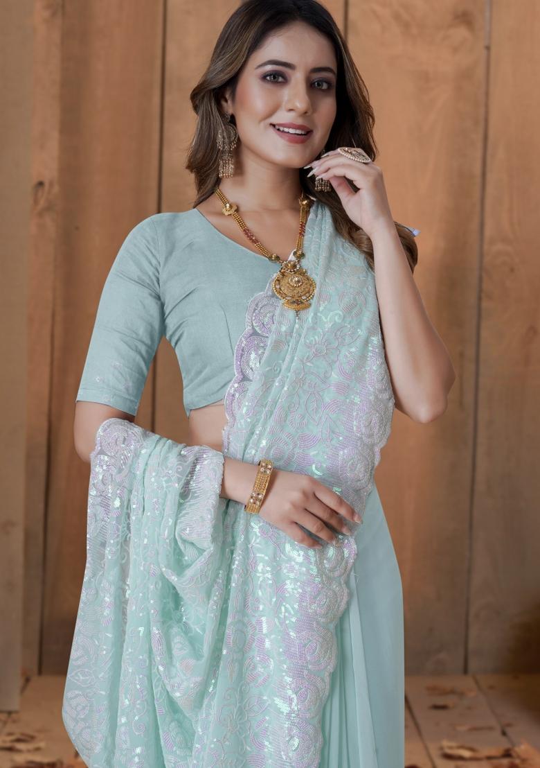 Sea Green Embroidered Georgette Saree Set - Indya