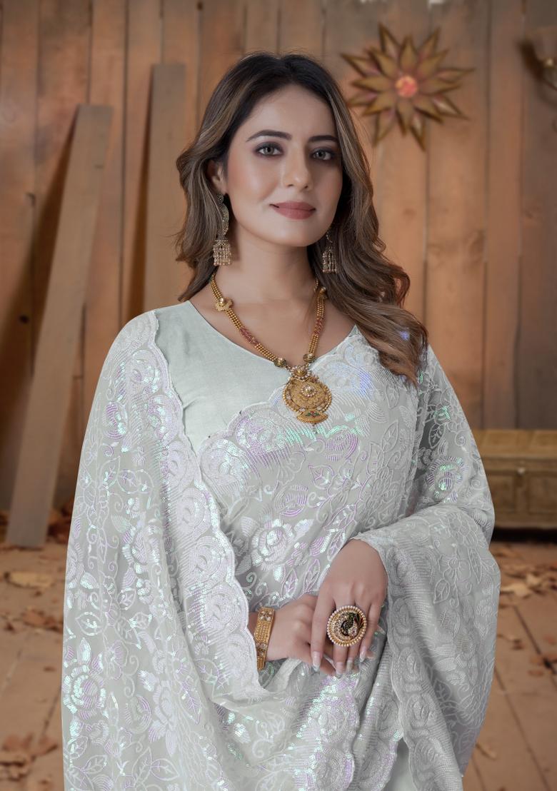 Dusty Pista Embroidered Georgette Saree Set - Indya