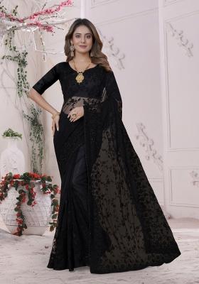Black Embroidered Net Saree Set