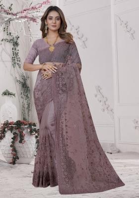 Lavender Embroidered Net Saree Set
