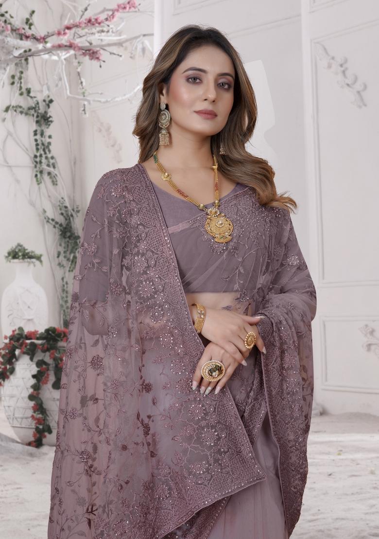 Lavender Embroidered Net Saree Set - Indya